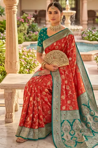 dark peach color soft banarasi silk blend meenakari touchup with blouse