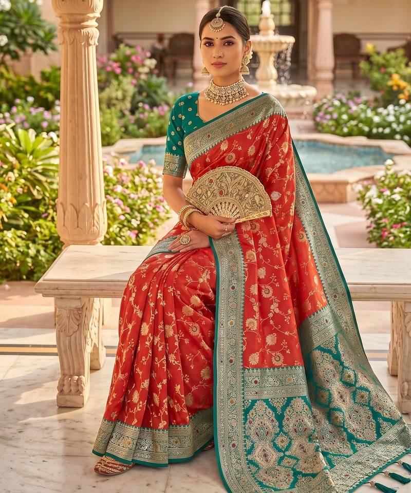 dark peach color soft banarasi silk blend meenakari touchup with blouse