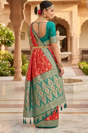 dark peach color soft banarasi silk blend meenakari touchup with blouse