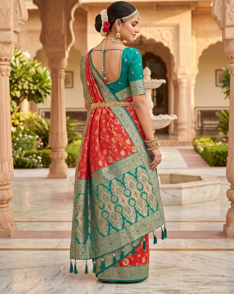dark peach color soft banarasi silk blend meenakari touchup with blouse