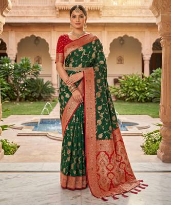 green color soft banarasi silk blend meenakari touchup with blouse 1