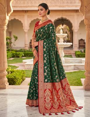 green color soft banarasi silk blend meenakari touchup with blouse 2