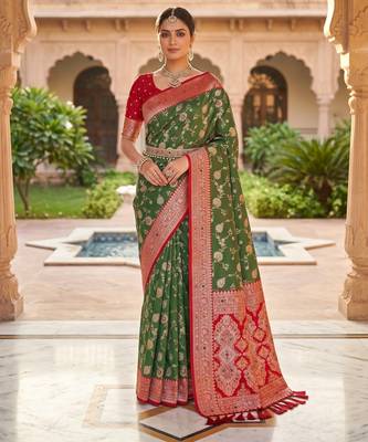 mehendi color soft banarasi silk blend meenakari touchup with blouse 1