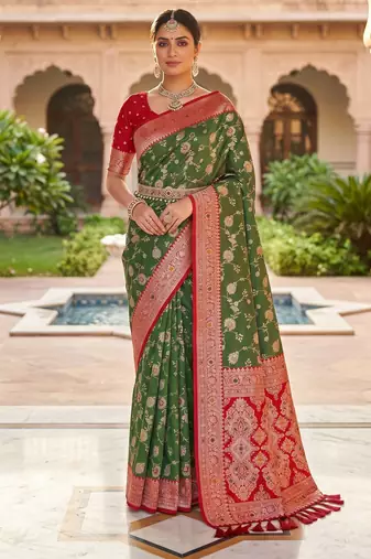mehendi color soft banarasi silk blend meenakari touchup with blouse