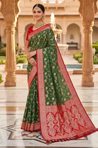 mehendi color soft banarasi silk blend meenakari touchup with blouse