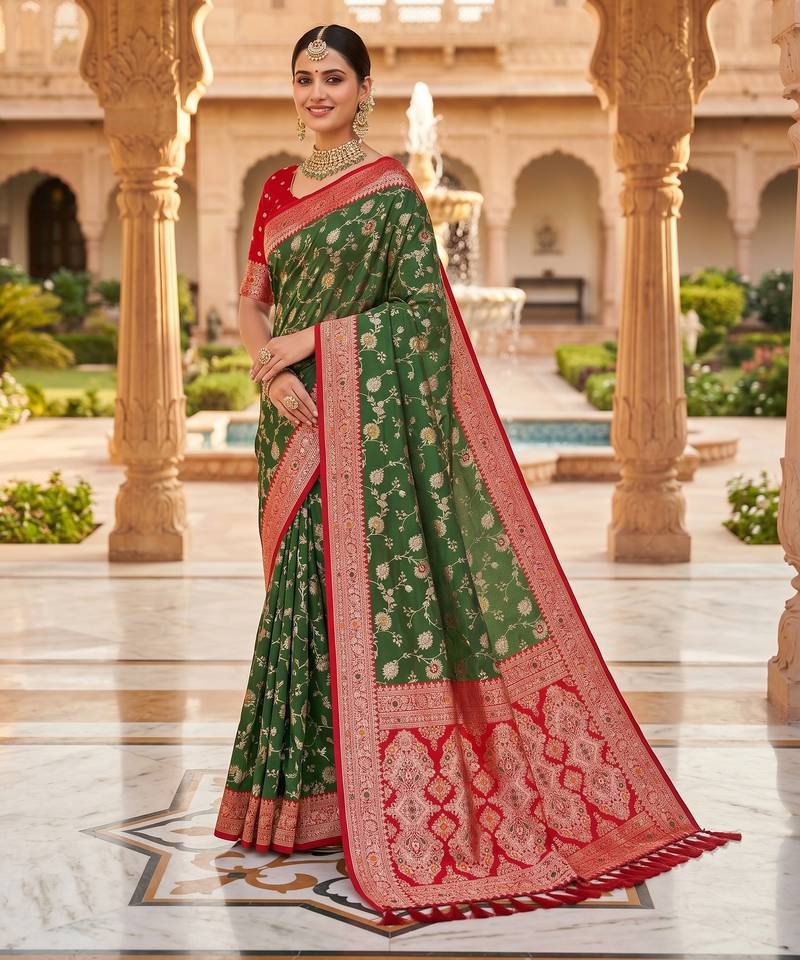 mehendi color soft banarasi silk blend meenakari touchup with blouse