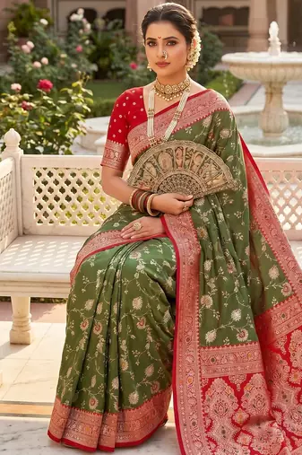 mehendi color soft banarasi silk blend meenakari touchup with blouse