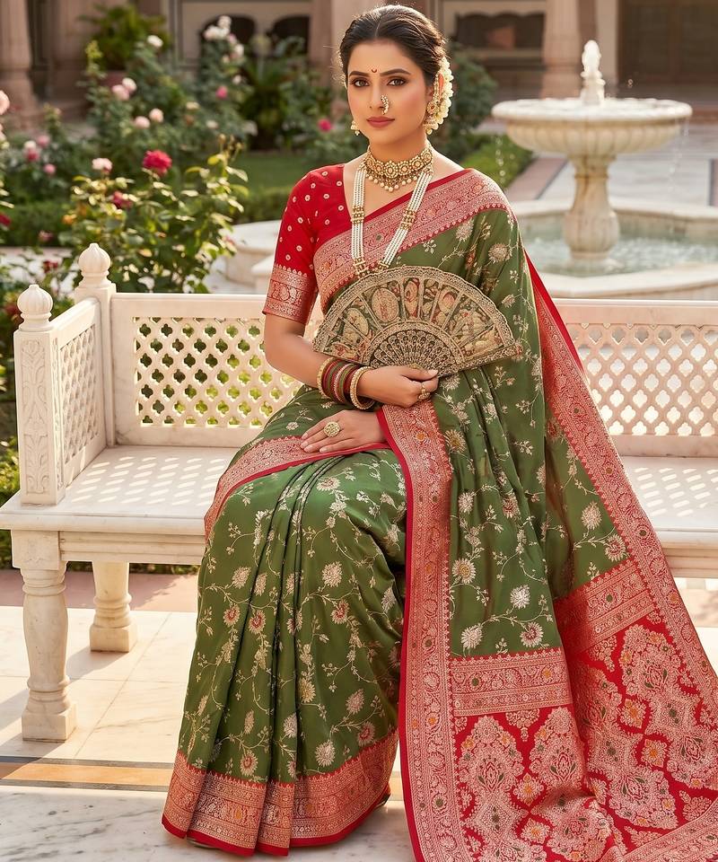 mehendi color soft banarasi silk blend meenakari touchup with blouse
