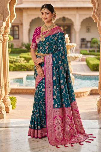 peacock blue color soft banarasi silk blend meenakari touchup with blouse