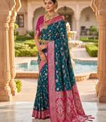 peacock blue color soft banarasi silk blend meenakari touchup with blouse