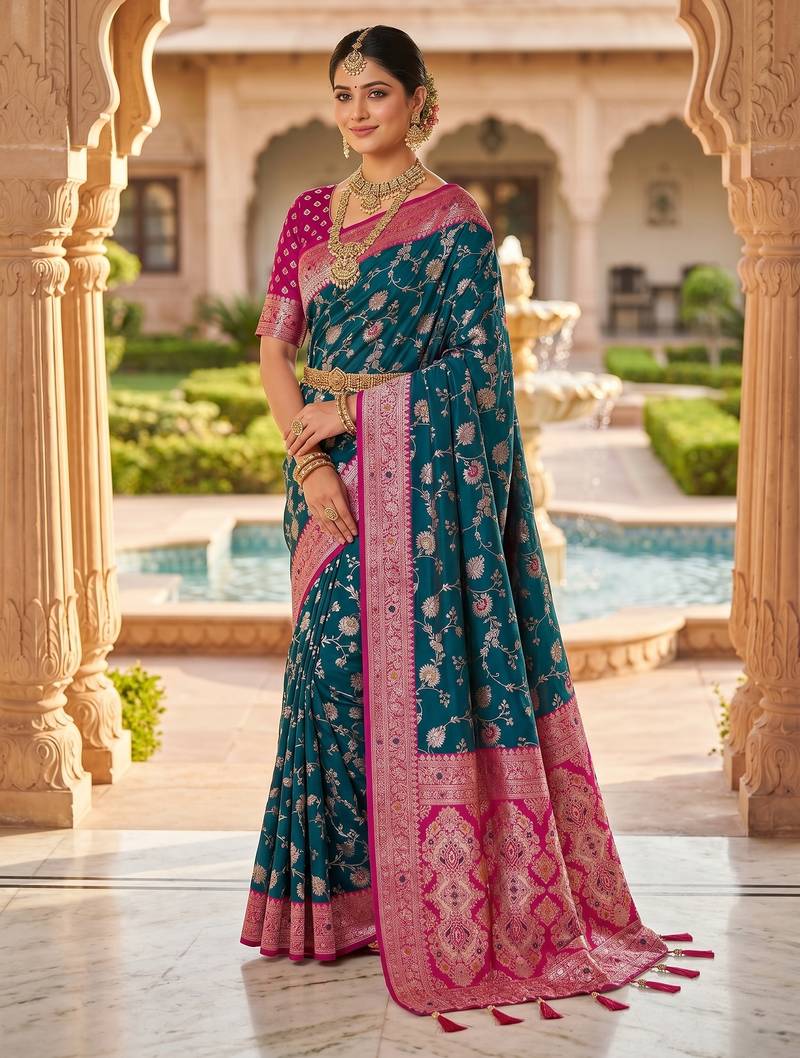 peacock blue color soft banarasi silk blend meenakari touchup with blouse