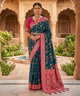 peacock blue color soft banarasi silk blend meenakari touchup with blouse 2