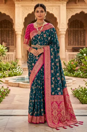 peacock blue color soft banarasi silk blend meenakari touchup with blouse