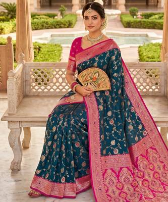 peacock blue color soft banarasi silk blend meenakari touchup with blouse 3