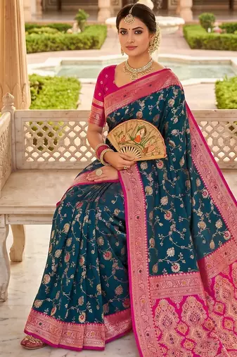 peacock blue color soft banarasi silk blend meenakari touchup with blouse