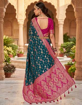 peacock blue color soft banarasi silk blend meenakari touchup with blouse 4