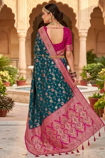 peacock blue color soft banarasi silk blend meenakari touchup with blouse