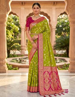 green color soft banarasi silk blend meenakari touchup with blouse 1