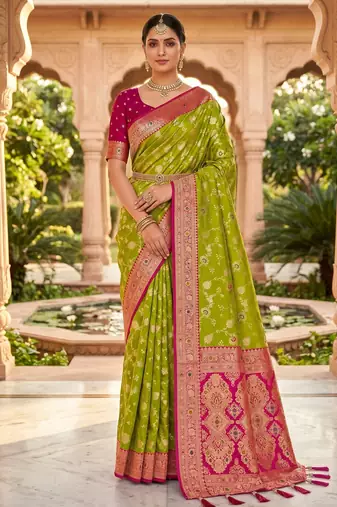 green color soft banarasi silk blend meenakari touchup with blouse