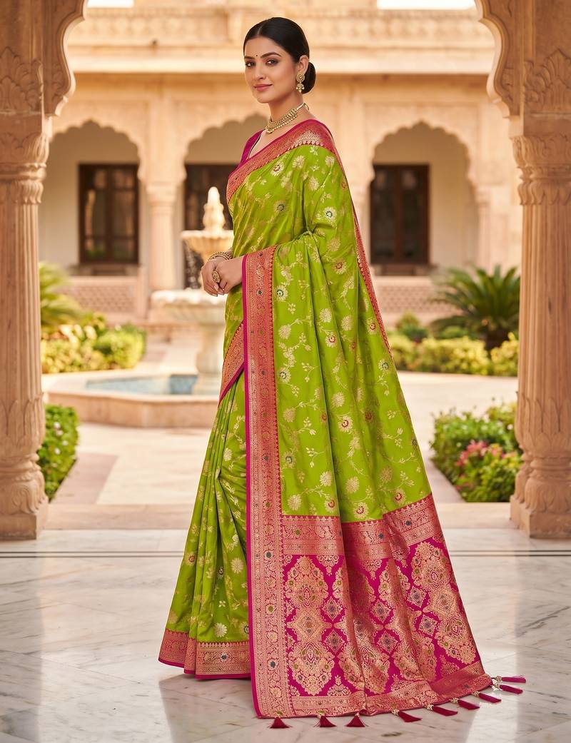 green color soft banarasi silk blend meenakari touchup with blouse
