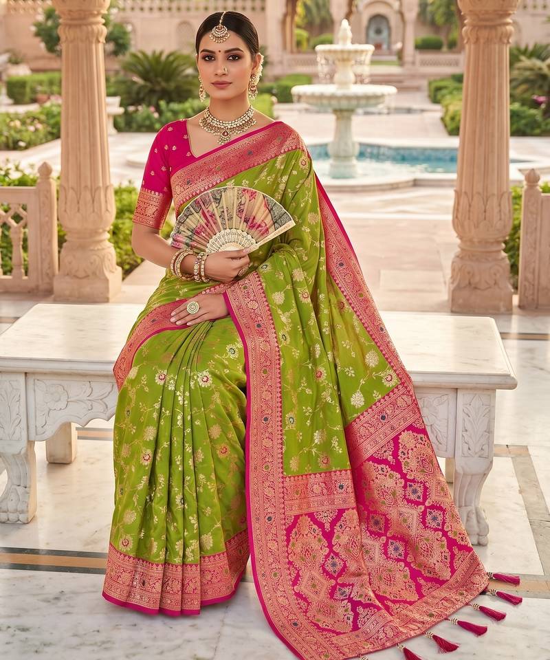 green color soft banarasi silk blend meenakari touchup with blouse