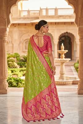 green color soft banarasi silk blend meenakari touchup with blouse 4