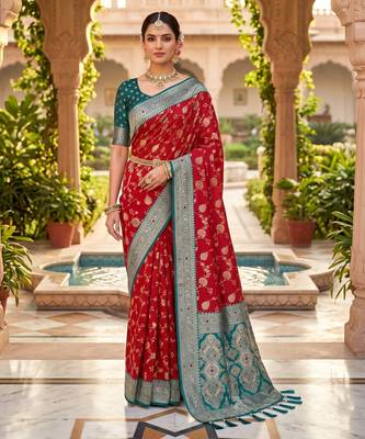 red color soft banarasi silk blend meenakari touchup with blouse 1