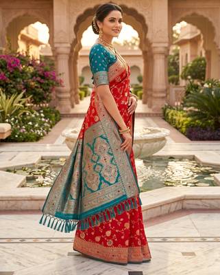 red color soft banarasi silk blend meenakari touchup with blouse 2