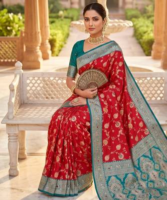 red color soft banarasi silk blend meenakari touchup with blouse 3