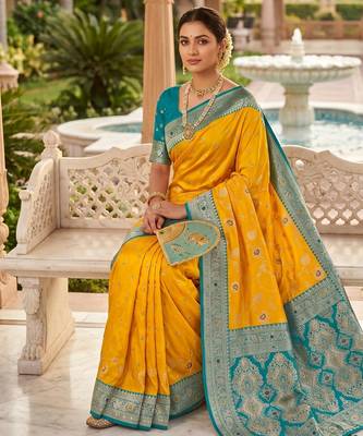 yellow color soft banarasi silk blend meenakari touchup with blouse 1