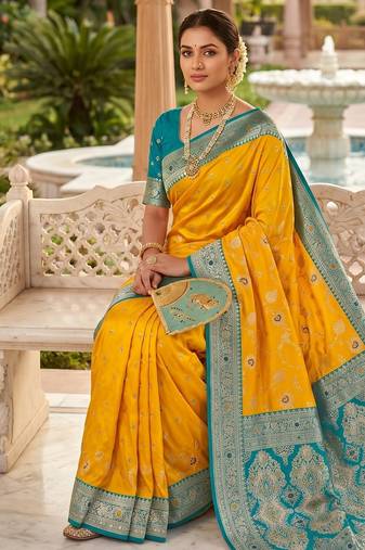 yellow color soft banarasi silk blend meenakari touchup with blouse