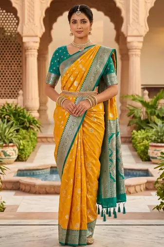 yellow color soft banarasi silk blend meenakari touchup with blouse