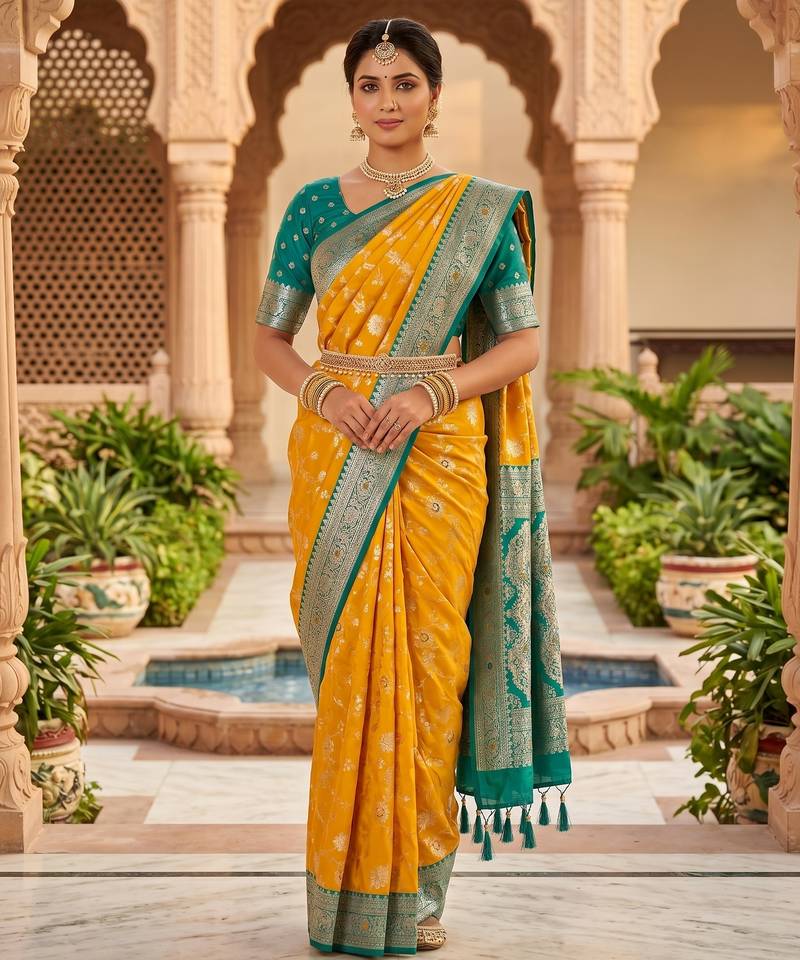 yellow color soft banarasi silk blend meenakari touchup with blouse