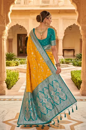 yellow color soft banarasi silk blend meenakari touchup with blouse