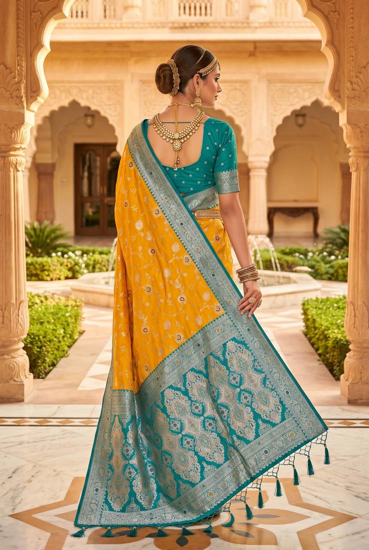 yellow color soft banarasi silk blend meenakari touchup with blouse