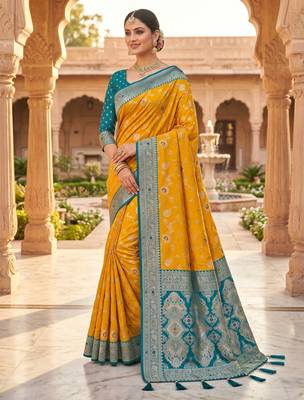 yellow color soft banarasi silk blend meenakari touchup with blouse 4