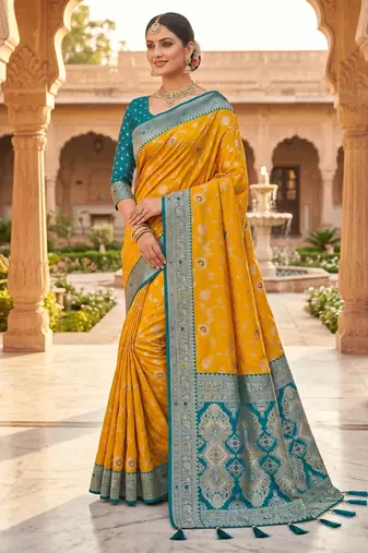 yellow color soft banarasi silk blend meenakari touchup with blouse