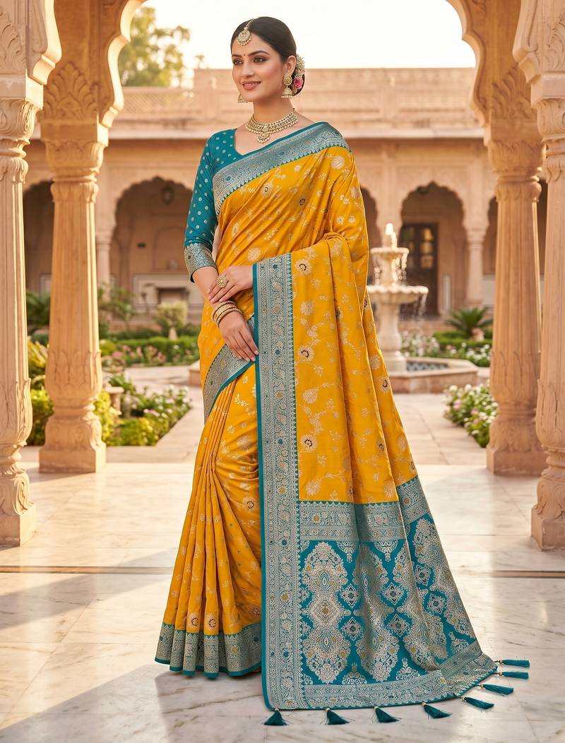 yellow color soft banarasi silk blend meenakari touchup with blouse