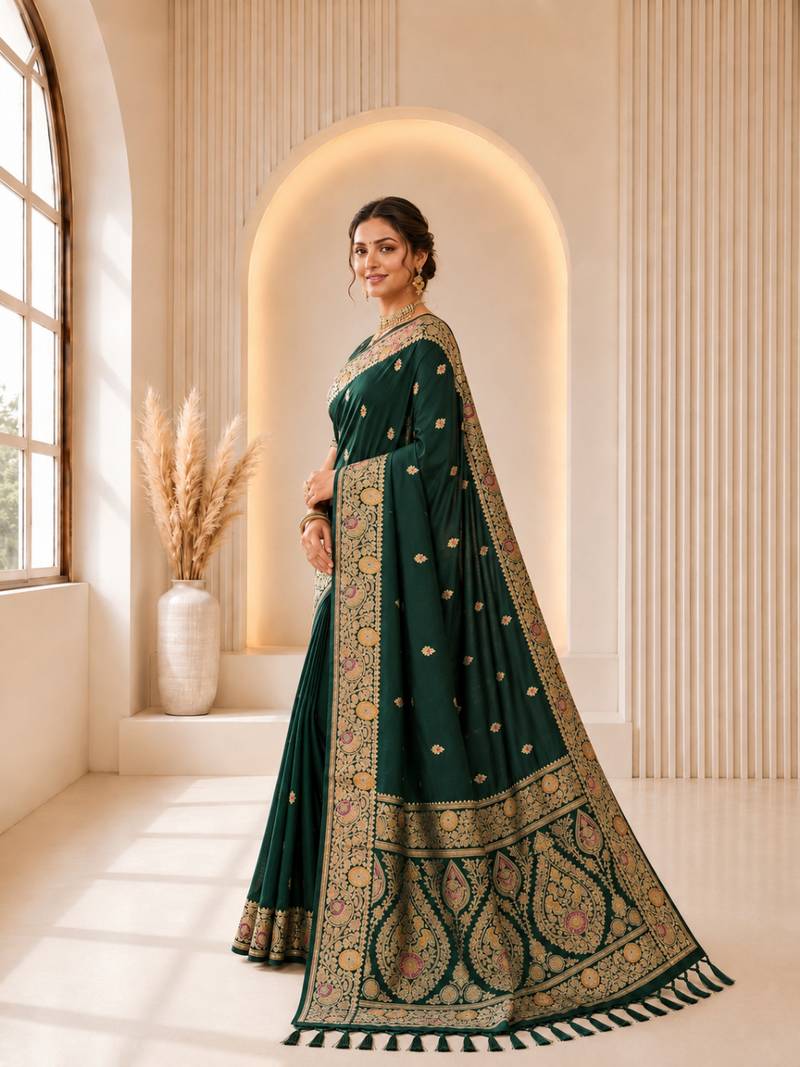 dark green color soft banarasi silk blend meenakari touchup with blouse