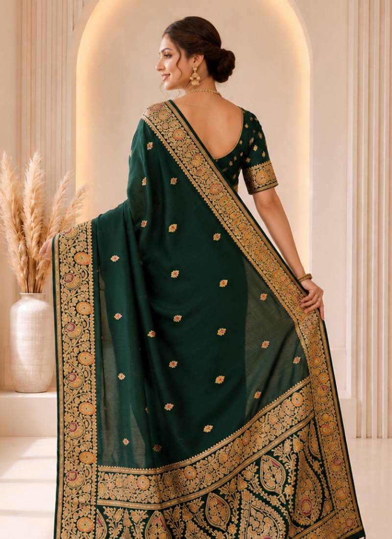 dark green color soft banarasi silk blend meenakari touchup with blouse