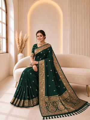 dark green color soft banarasi silk blend meenakari touchup with blouse 4