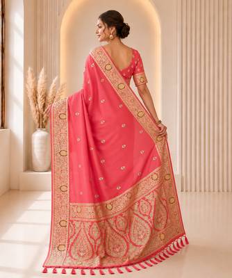 peach color soft banarasi silk blend meenakari touchup with blouse 3