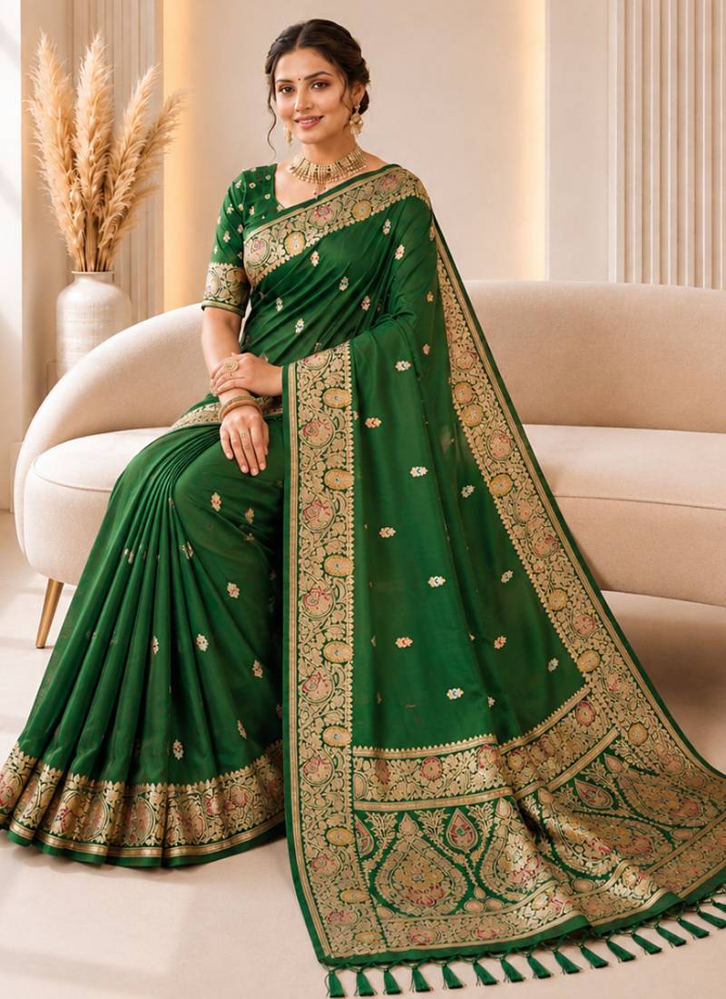 mehendi color soft banarasi silk blend meenakari touchup with blouse