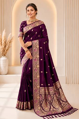purple color soft banarasi silk blend meenakari touchup with blouse