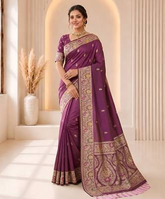 wine color soft banarasi silk blend meenakari touchup with blouse 1