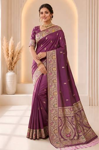 wine color soft banarasi silk blend meenakari touchup with blouse