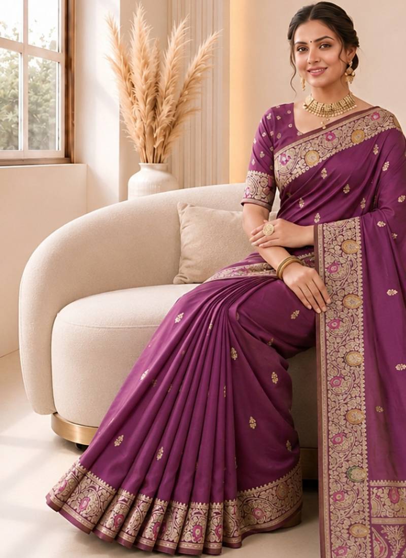 wine color soft banarasi silk blend meenakari touchup with blouse