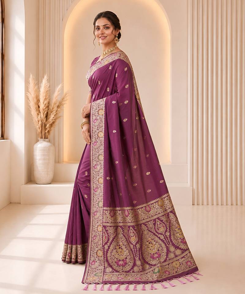 wine color soft banarasi silk blend meenakari touchup with blouse