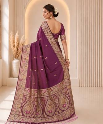 wine color soft banarasi silk blend meenakari touchup with blouse 4