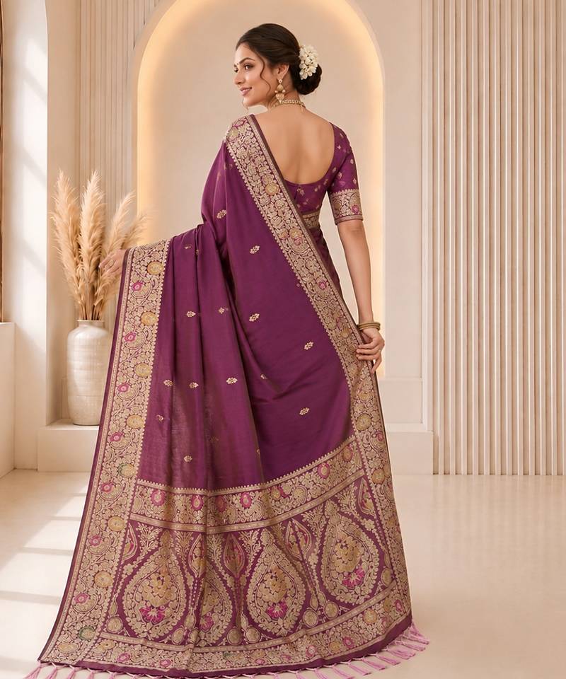 wine color soft banarasi silk blend meenakari touchup with blouse